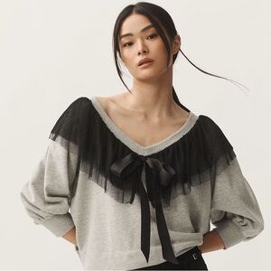 Gray Sweater with Black Tulle Detail